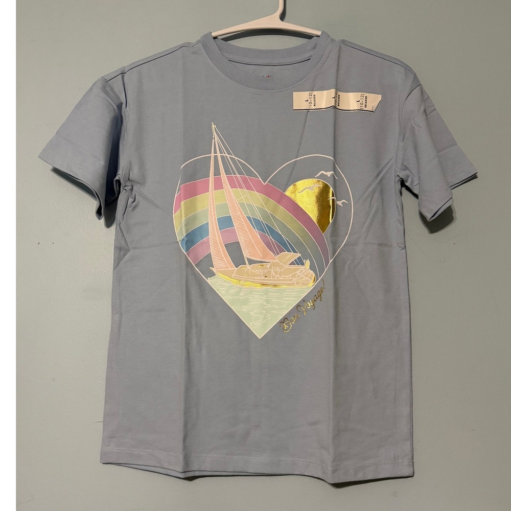 Cat & Jack Girls 10/12 Large Sailboat Rainbow Heart Graphic Tee Light Blue 2325